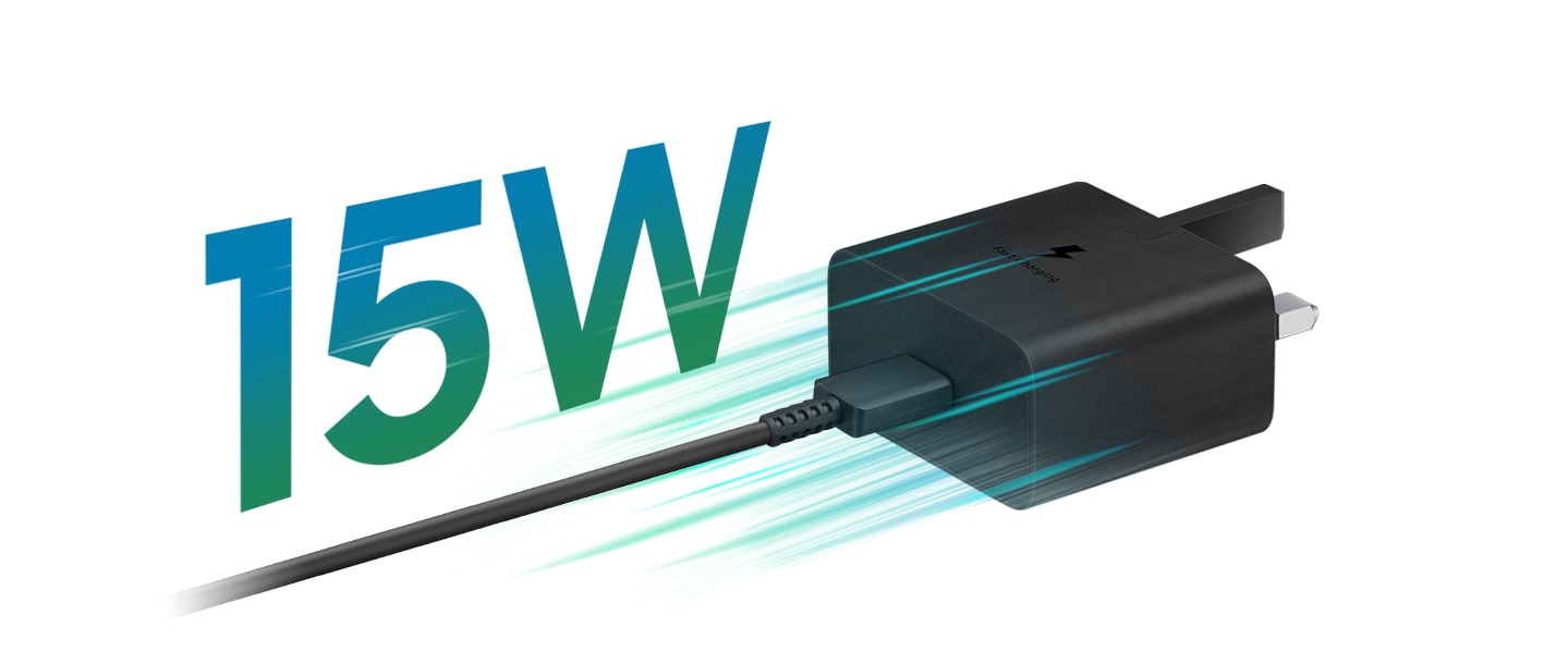 A black USB Type-C adapter has green streaks around it indicating fast-charging. The text 15W is above the cable in green.