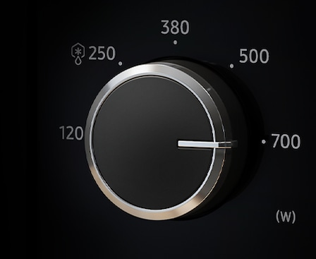 Shows a close-up of the microwave oven's power level dial with 5 settings, which features a stylish metallic edge.