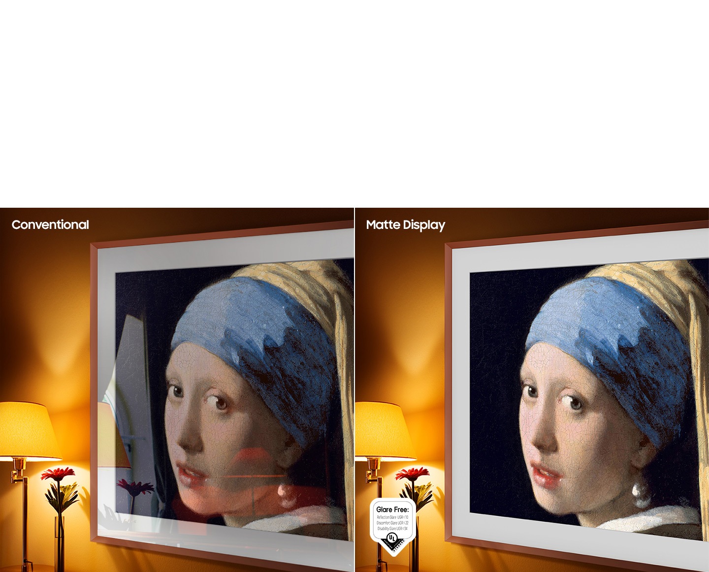 The left side of the screen with the word †Conventional' shows The Frame displaying an artwork full of reflections. The right side of the screen with the words †Matte Display' shows The Frame with the same painting that has no glare. A glare-free certified logo is on the lower left side.