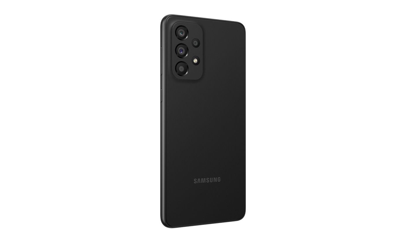 2. Galaxy A33 5G in Awesome Black seen from the front with a colorful wallpaper onscreen. It spins slowly, showing the display, then the smooth rounded side of the phone with the SIM tray, then the matte finish and the minimal camera housing on the rear and comes to a stop at the front view again.