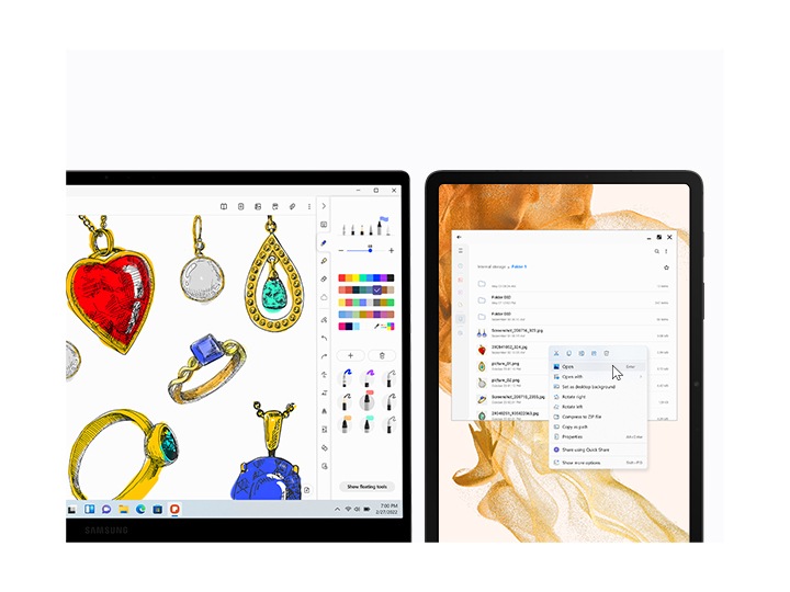 Galaxy Book2 and Galaxy Tab S8 are next to each other. There are sketches of various jewelries on the PC using Samsung Notes app. On the tablet to its right, a list of image files is in a folder. A mouse cursor is on the Open button.