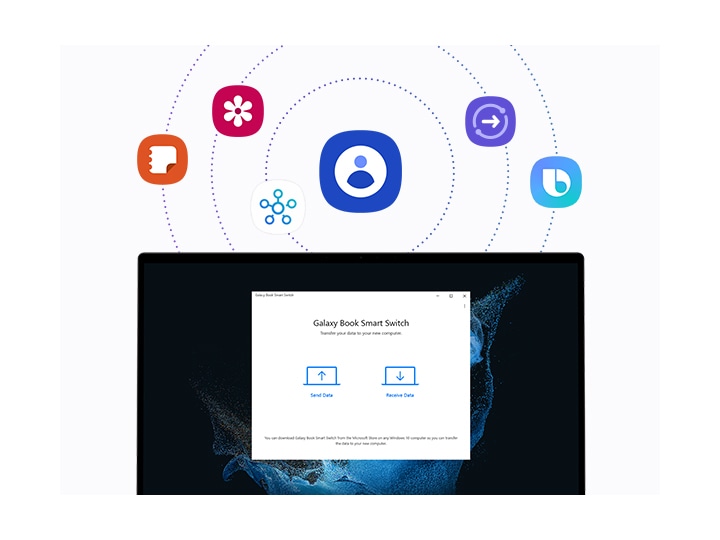 Galaxy Book Smart Switch is running on a Galaxy Book2. There are two icons of a PC on the screen, each with an upward and downward arrow with the texts, Send Data and Receive Data. Above the Smart Switch screen are several Galaxy app icons such as Contacts, Samsung Notes, Samsung Gallery, SmartThings, Quick Share, and Bixby that users can access all at once through Single Sign-On.