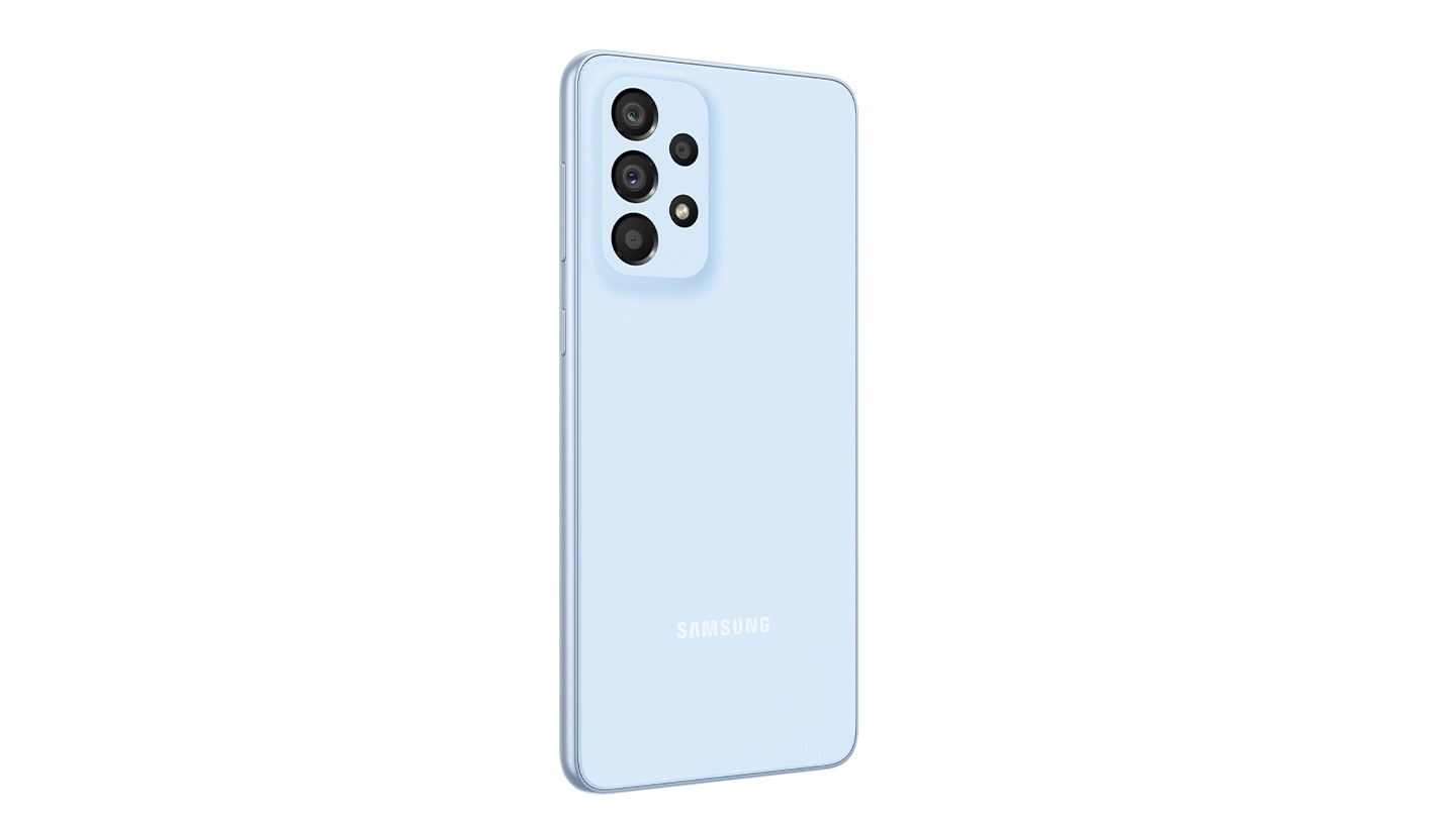 1. Galaxy A33 5G in Awesome Blue seen from the front with a colorful wallpaper onscreen. It spins slowly, showing the display, then the smooth rounded side of the phone with the SIM tray, then the matte finish and the minimal camera housing on the rear and comes to a stop at the front view again.