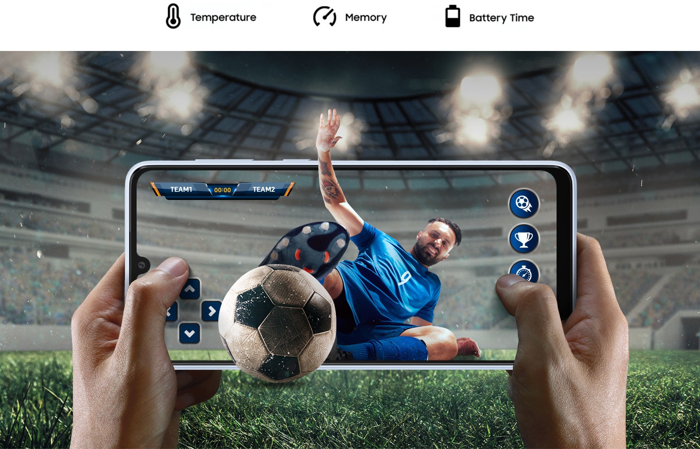 Two hands holding a Galaxy A33 5G device in landscape mode, playing a soccer game. The background shows the in-game stadium atmosphere extended to outside the screen. From inside the screen, a soccer player makes a dive towards a soccer ball and both are slightly protruding outside the screen. Above, text reads Temperature, Memory and Battery Time.