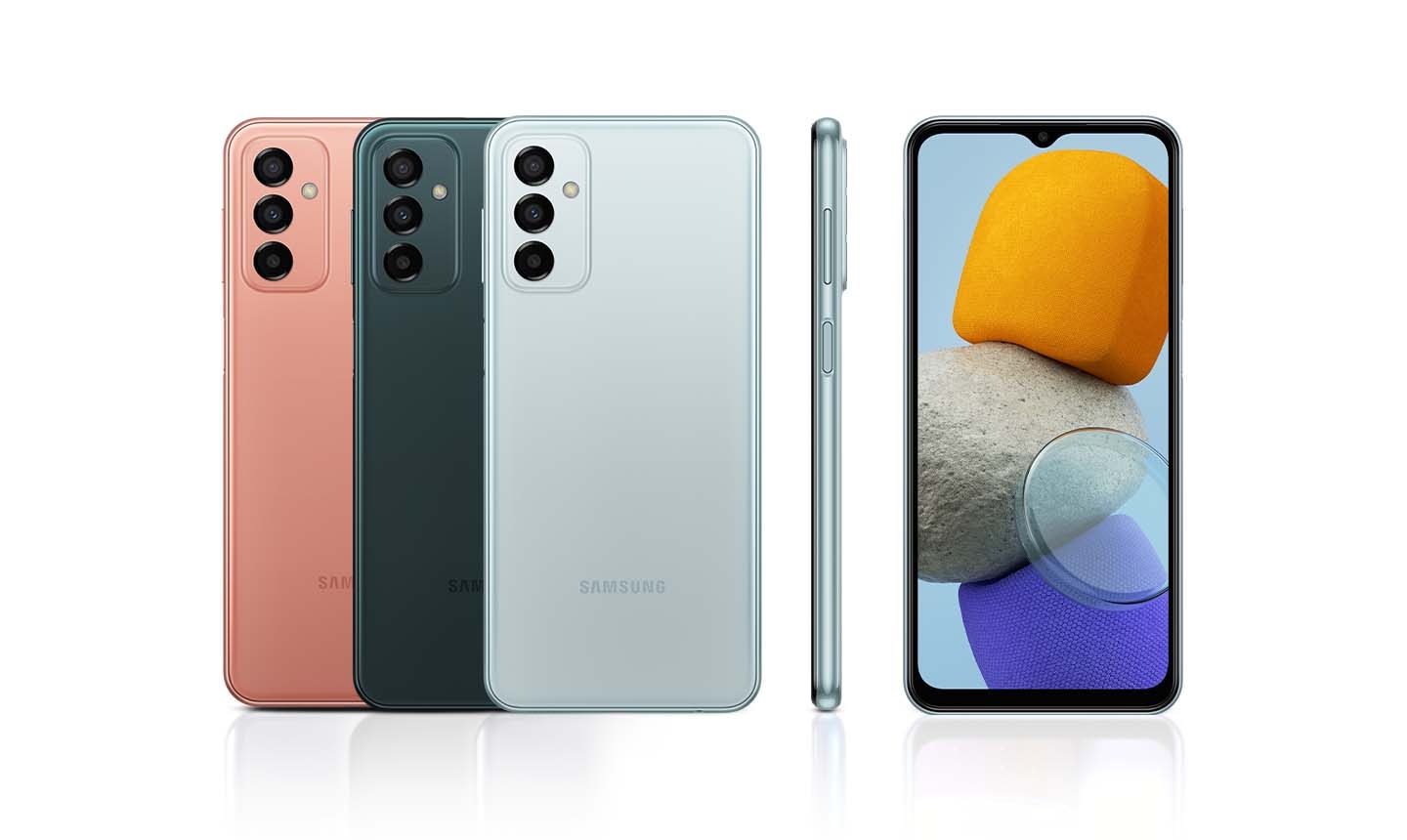 Five devices are displayed to appeal their colors and design. Three reversed ones are in orange copper, deep green, and light blue; while one is looking at the front and another showing the right side of device.