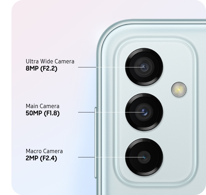 A rear close-up of advanced Triple Camera on the black model, showing F2.2 8MP Ultra Wide Camera, F1.8 50MP Main Camera and F2.4 2MP Macro Camera.