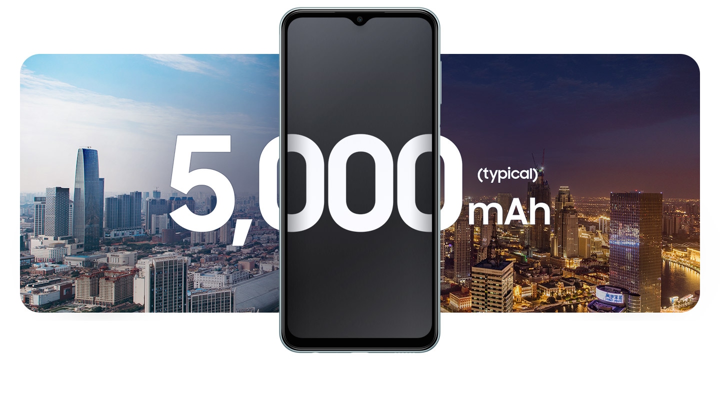 A Galaxy M23 5G is placed in between two cityscape views, with the left showing the city in daylight and the right showing the city in nighttime. The text 5,000 mAh (typical) is in the middle.
