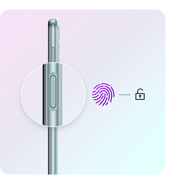 A side profile of the Galaxy M23 5G is shown, with the fingerprint sensor enlarged and magnified. Right by the sensor, a fingerprint icon and an unlock icon are shown with a short dotted line between them.