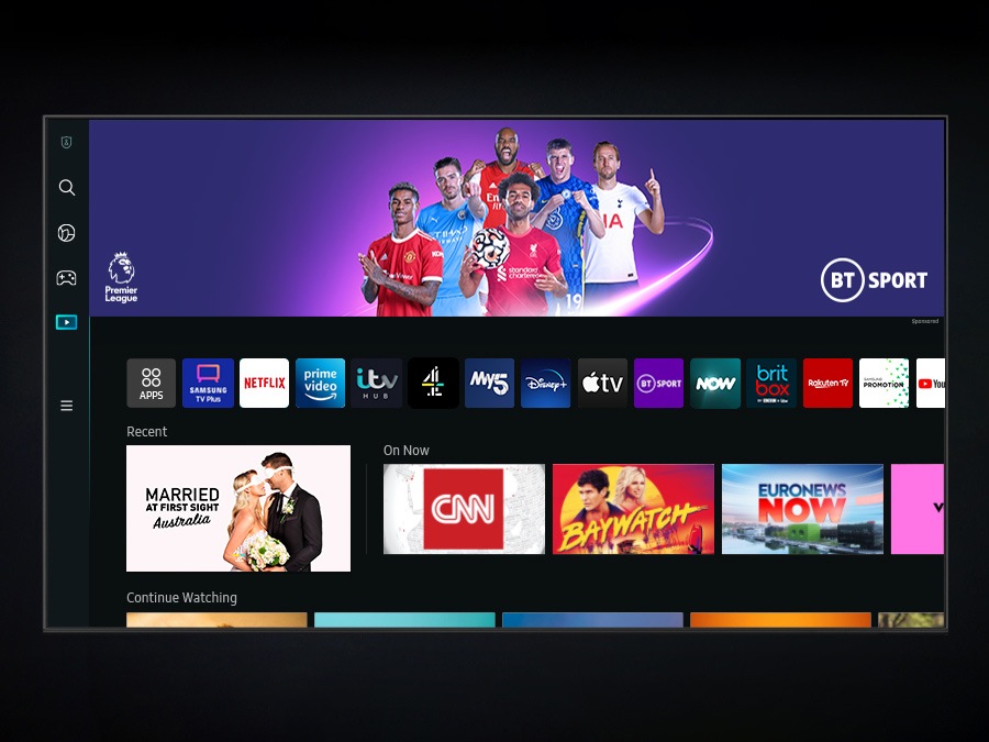 The new Smart Hub UI is displayed to show a wide variety of OTT services and contents being serviced.