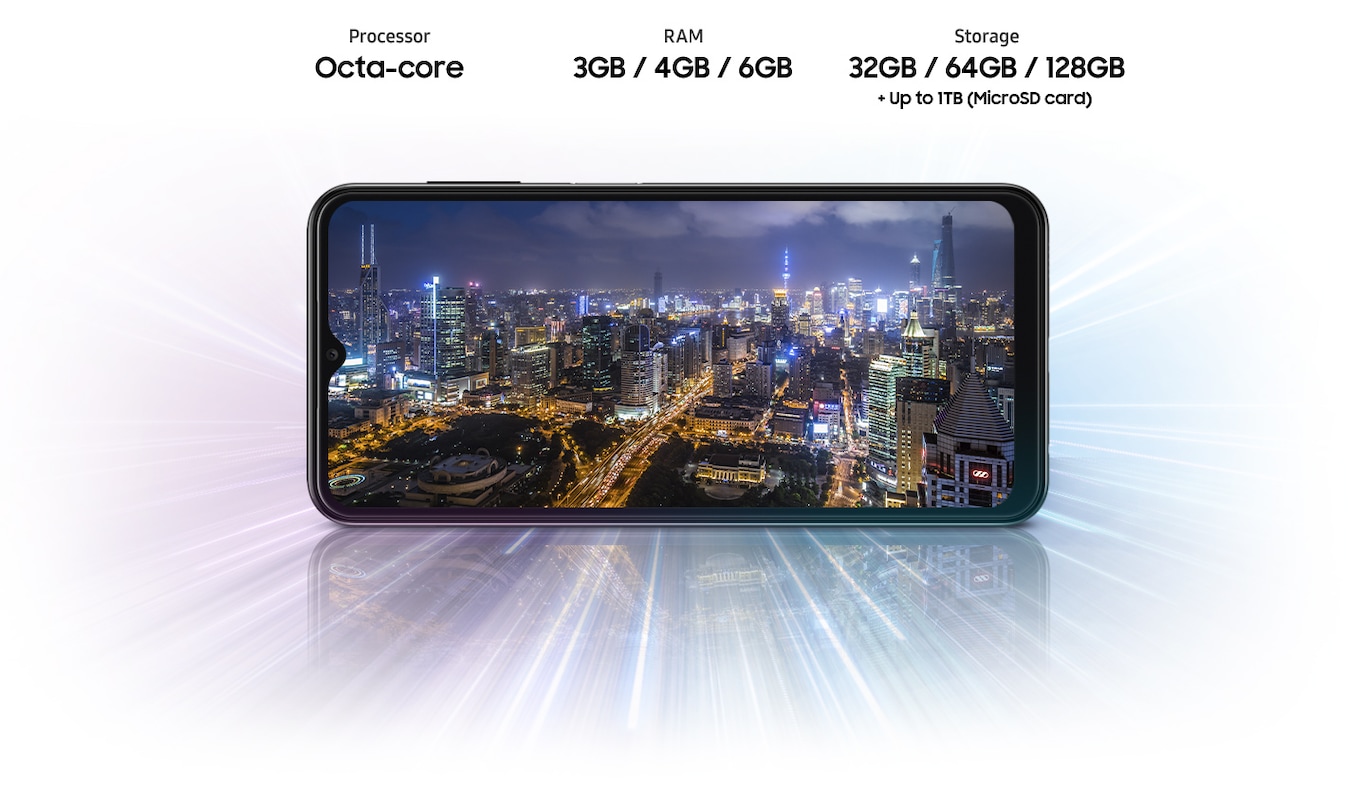 Galaxy A13 shows night city view, indicating device offers Octa-core processor, 3GB/4GB/6GB RAM, 32GB/64GB128GB with up to 1TB-storage.