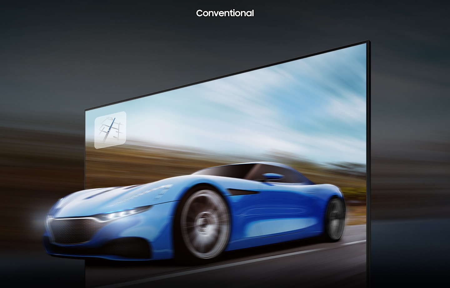 A racing car in conventional TV looks blurry and less clear compared to QLED TV with motion xcelerator turbo+ technology.