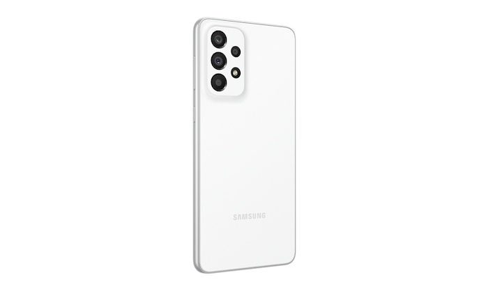 3. Galaxy A33 5G in Awesome White seen from the front with a colorful wallpaper onscreen. It spins slowly, showing the display, then the smooth rounded side of the phone with the SIM tray, then the matte finish and the minimal camera housing on the rear and comes to a stop at the front view again.