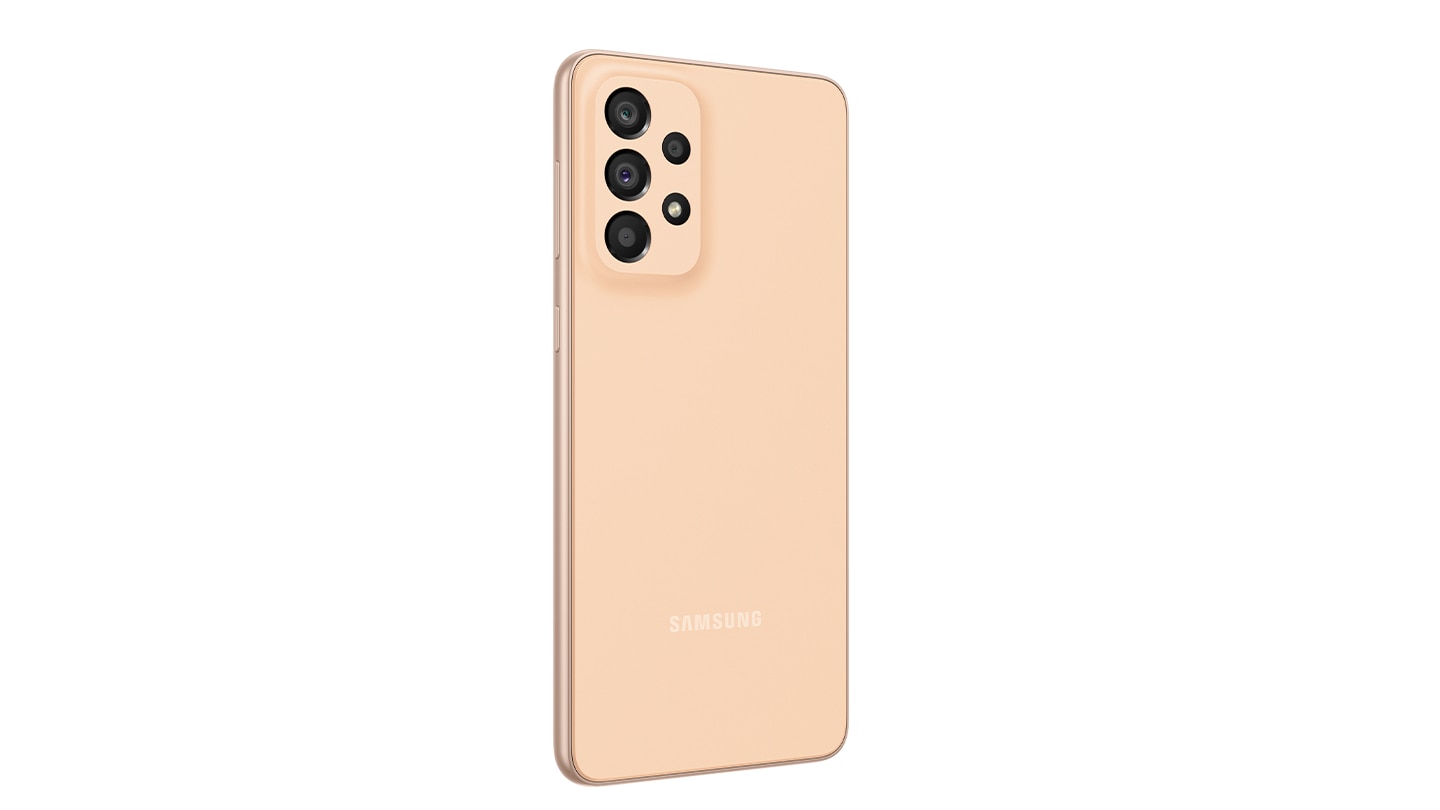 4. Galaxy A33 5G in Awesome Peach seen from the front with a colorful wallpaper onscreen. It spins slowly, showing the display, then the smooth rounded side of the phone with the SIM tray, then the matte finish and the minimal camera housing on the rear and comes to a stop at the front view again.