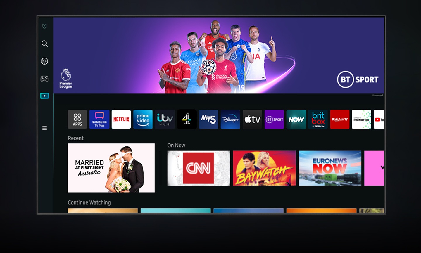 The new Smart Hub UI is displayed to show a wide variety of OTT services and contents being serviced.