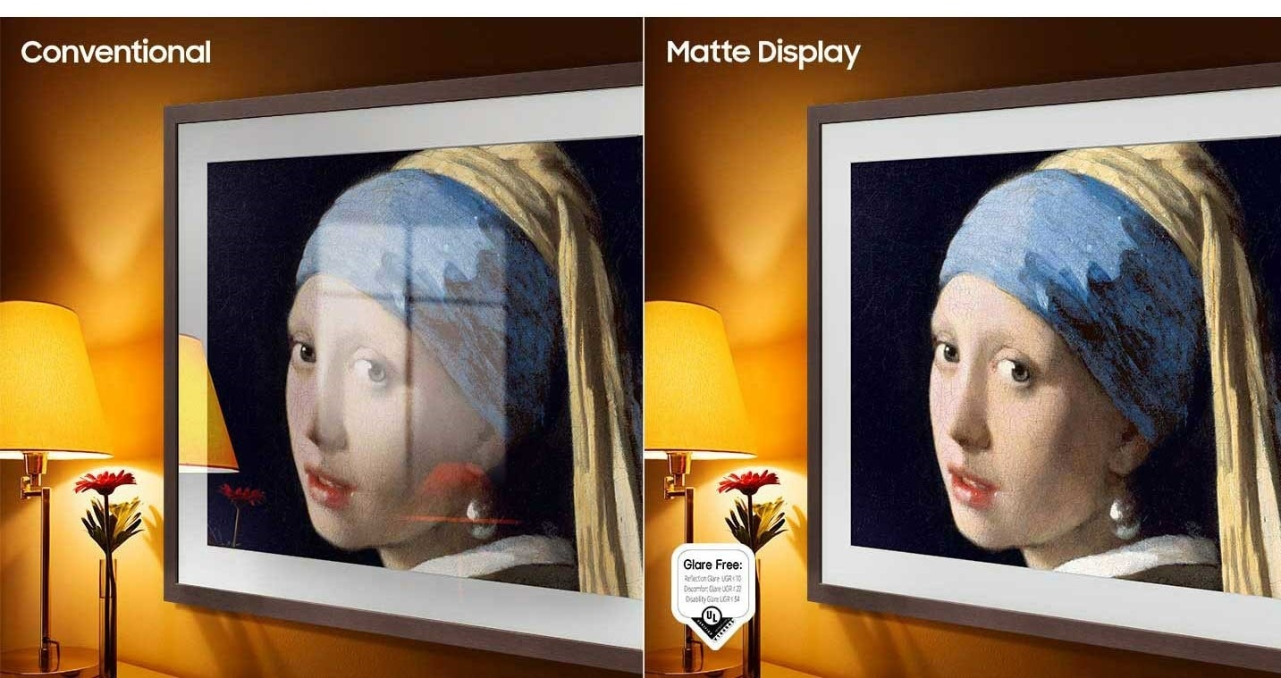 The Conventional screen displays artwork full of reflections. The Matte Display shows the same painting with no glare. The UL verified Glare Free logo is on display with Reflection Glare UGR<10, Discomfort Glare UGR<22, Disability Glare UGR<34.