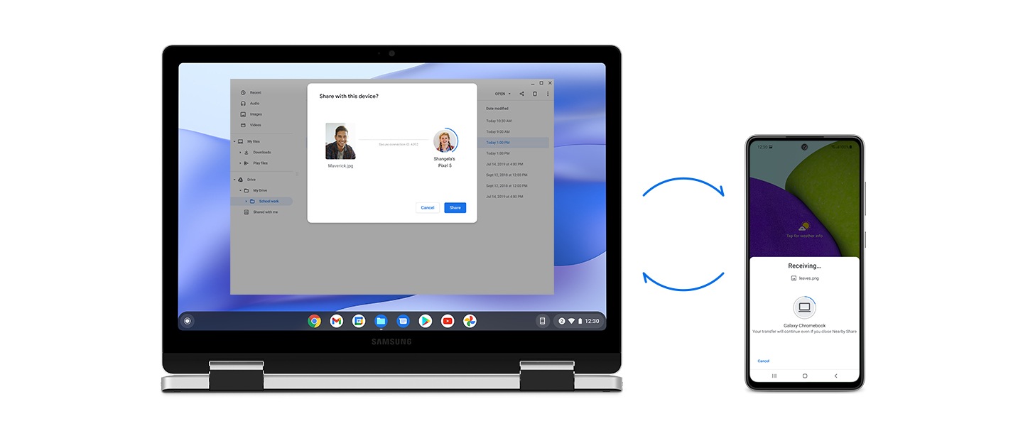 A Galaxy Chromebook 2 360 and a Galaxy A52 are next to each other. A file is being transferred between them via Nearby Share. The File Share window is on the PC and the File Receiving window is on Galaxy A52. There are two circular arrows between them, one pointing to the Galaxy Chromebook2 360 and one to the Galaxy A52 to symbolize the transfer.