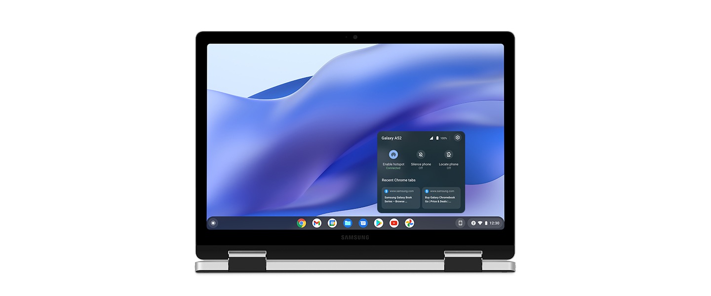 A pop-up on the Galaxy Chromebook 2 360's bottom right shows Enable hotspot is at the Connected status while Silence phone and Locate phone options are off.