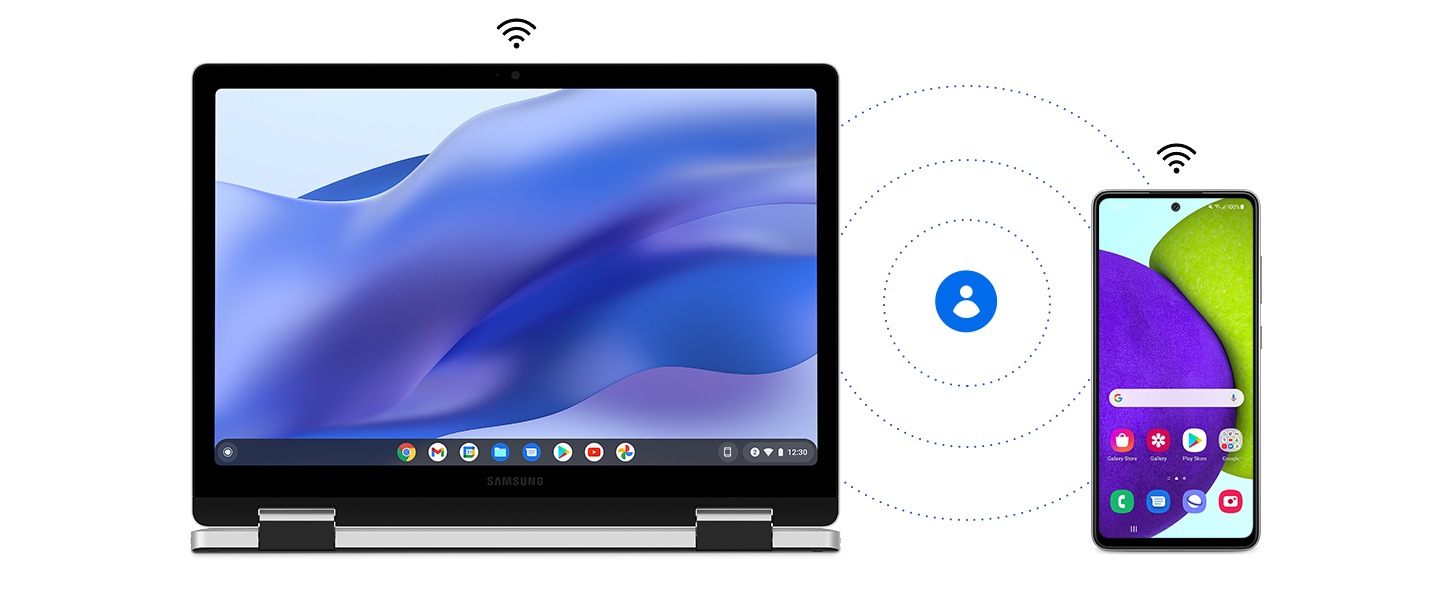 A Galaxy Chromebook 2 360 and a Galaxy A52 are next to each other facing forward. Both devices have a Wi-Fi logo above them, and between them is a contact icon which means synced contacts between the two devices via Wi-Fi sync.