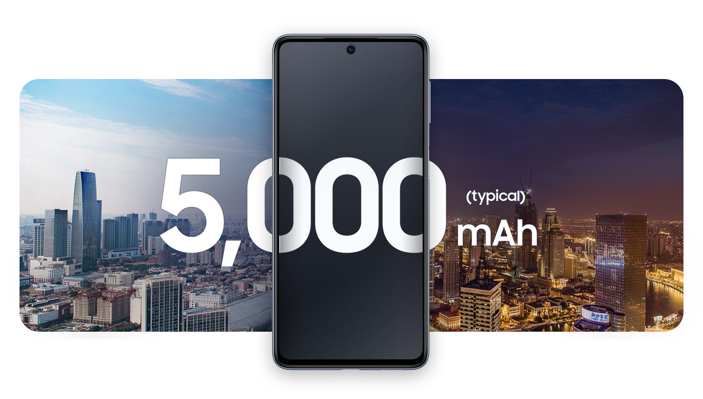 A Galaxy M53 5G is placed in between two cityscape views, with the left showing the city in daylight and the right showing the city in nighttime. The text 5,000 mAh (typical) is in the middle.