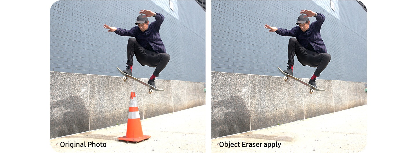 On the left, a man is on a skateboard doing a trick above a traffic cone, with the words original photo. On the right is the same man skating in the same pose but the traffic cone has been erased. The text object eraser apply is at the bottom left to indicate that the rubber cone was erased by Object eraser.