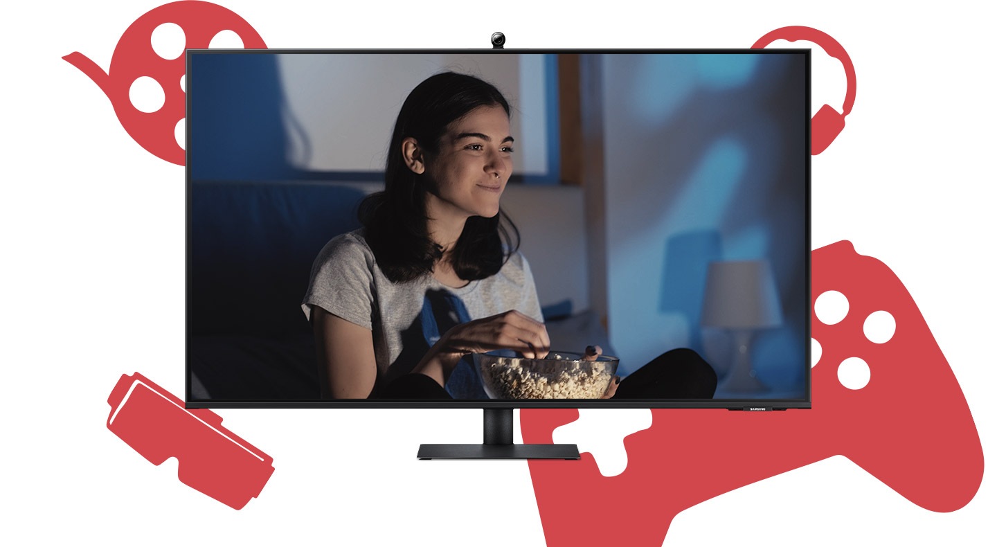 Der Monitorbildschirm wechselt dreimal. Das erste ist ein Video mit einer Frau, die sich ein Video ansieht, und das nächste zeigt eine arbeitende Frau. Der letzte ist ein Videoanruf einer Gruppe. Am Ende überlappen sich Symbole auf dem Monitor und der Text „Smart Monitor M7“ erscheint.