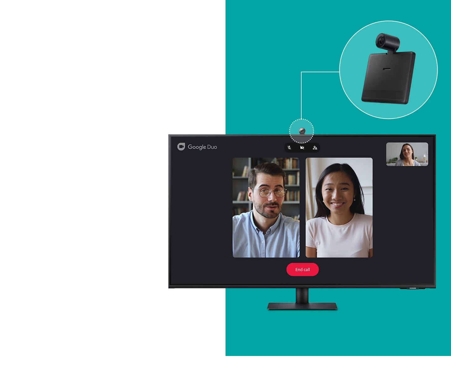 The monitor now has a circular camera attached to its top. On the screen shows the interface of the Google Duo chat application with three other users participating in a video call.