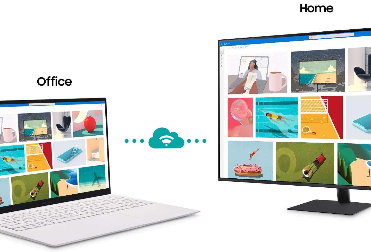Un moniteur se trouve à côté d’un ordinateur portable. Au-dessus du moniteur, le mot « Accueil » apparaît. Au-dessus de l'ordinateur portable, le mot « Office » apparaît. L'ordinateur portable établit une connexion avec le moniteur représenté par une icône en forme de nuage. Après la connexion, le contenu affiché sur l'écran de l'ordinateur portable est reflété sur l'écran du moniteur.