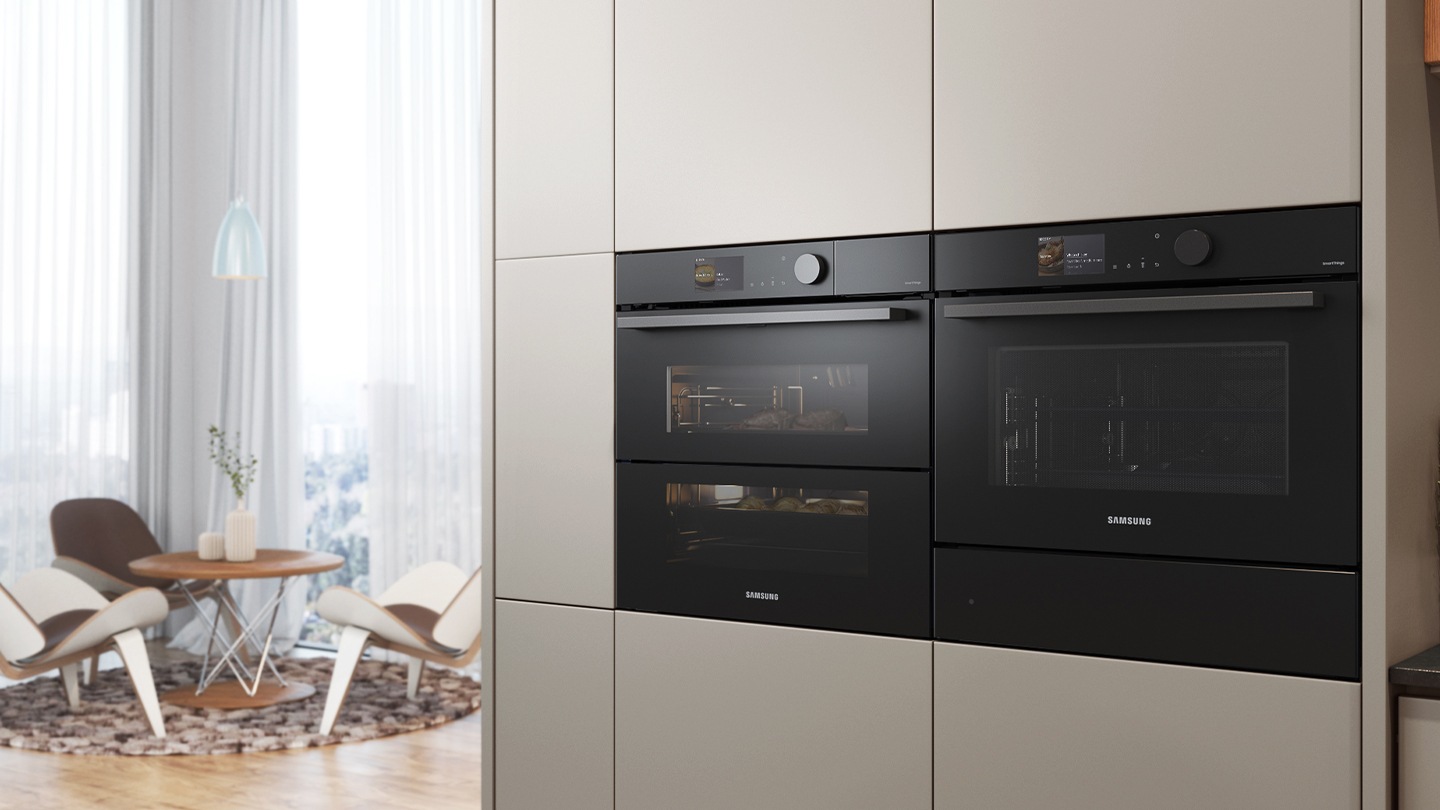 Shows the built-in oven installed in a kitchen, with two cooking zones and a hinged door, next to a Microwave Combi oven.