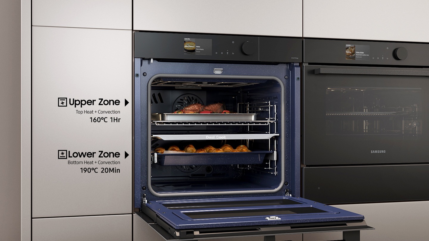 Shows the upper and lower zones of the Dual Cook Flex system being used independently to cook different dishes at the same time with different settings: the upper zone using top heat + convection for 1 hour at 160°C and the lower zone using bottom heat + convection for 20 minutes at 190°C.