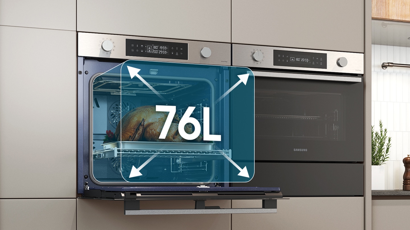 Shows a large turkey cooking inside the spacious oven with arrows illustrating its 76 litre capacity.