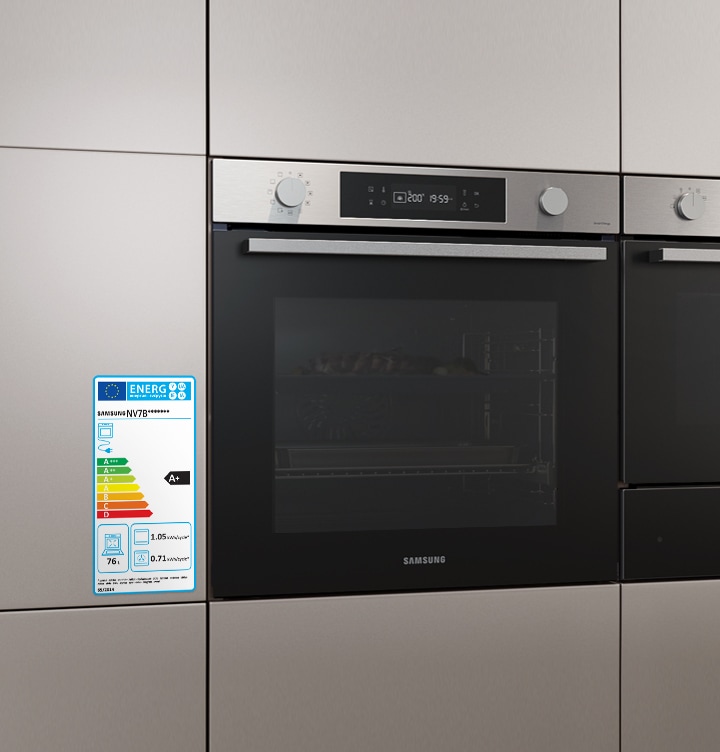 Shows the oven in the kitchen with a label highlighting its A+ energy efficiency rating. It also shows that it has a 76 liter capacity and consumes 1.05 kWh/cycle as a conventional oven and 0.71 kWh/cycle using forced air convection.