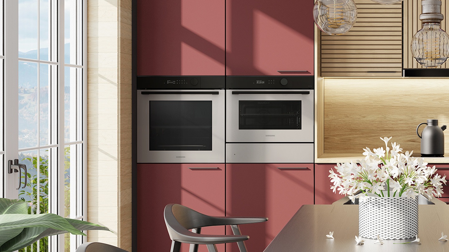 Shows the built-in oven seamlessly installed in a kitchen next to a Microwave Combo oven. Its BESPOKE "Clean Beige" color elegantly complements and enhances the kitchen's color scheme.