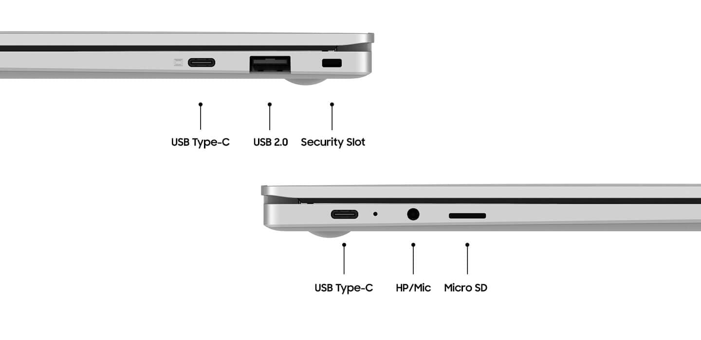 Eine Nahaufnahme der Seiten des Galaxy Book Go, um die verschiedenen verfügbaren Anschlüsse zu zeigen, darunter Micro-SD-Steckplatz, 2 USB-Typ-C-Anschlüsse, USB 2.0-Anschluss, Sicherheitssteckplatz und Headset-Buchse.