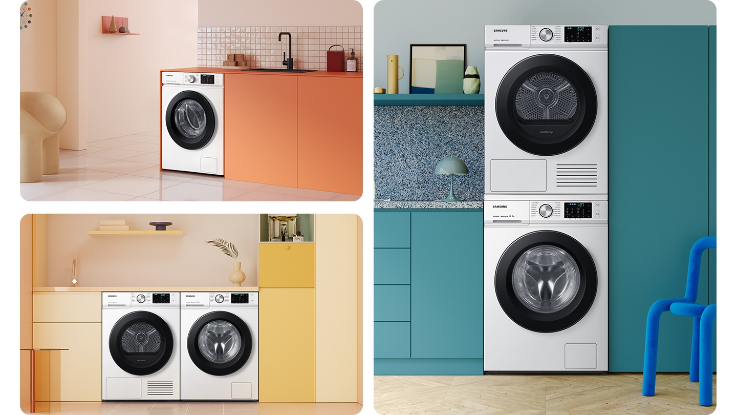 The washers and dryers sets are seamlessly installed in various living spaces.