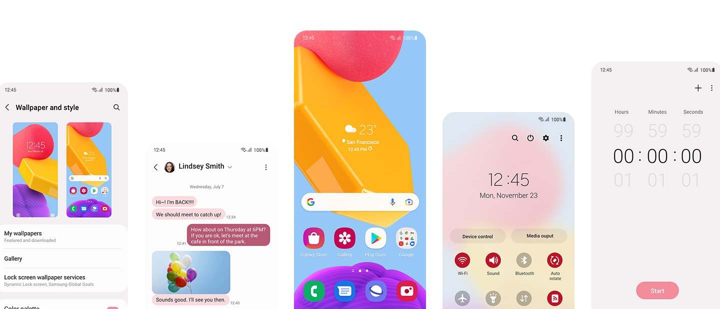 Cinci ecrane diferite Galaxy M13 care arată un set personalizat de culori și aspect folosind One UI 4.1. De la stânga la dreapta, ecranele afișează: meniul de fundal și stil pentru setări, o conversație prin mesaj text cu bule text personalizate roz deschis și roz, un ecran de pornire personalizat, un meniu personalizat Setări rapide și un ecran personalizat Timer.