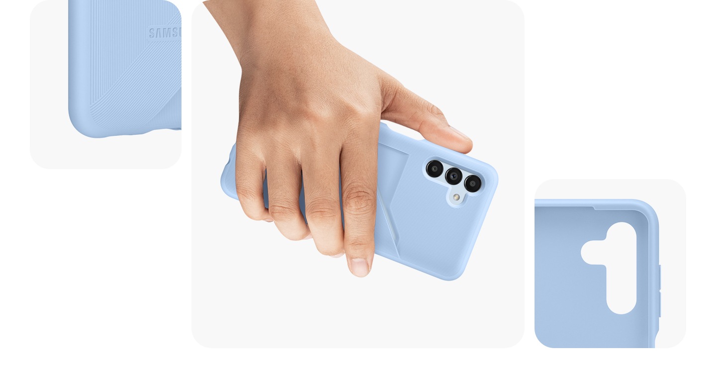 A detailed zoom-in of the Card Slot Cover in Arctic Blue is shown. A hand is comfortably holding a Galaxy device wearing an Arctic Blue Card Slot Cover.