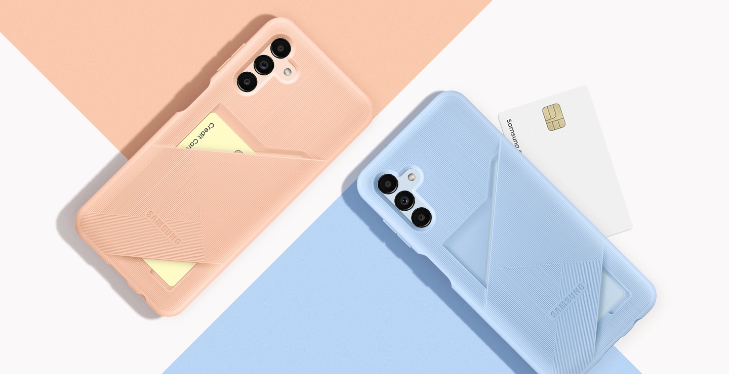 Two Galaxy devices wearing both Peach and Arctic Blue Card Slot Covers are shown. The Peach card slot cover has a credit card inserted while the Arctic Blue cover has the card placed outside.