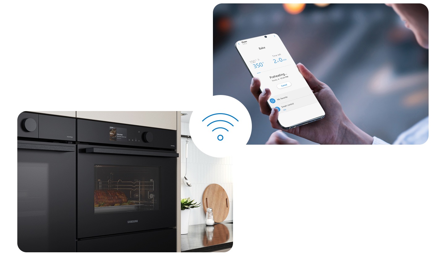 Prezintă o persoană care utilizează aplicația pentru smartphone SmartThings pentru a verifica și controla setările cuptorului, inclusiv temperatura cuptorului și timpul de gătire rămas, cu ajutorul conectivității Wi-Fi.