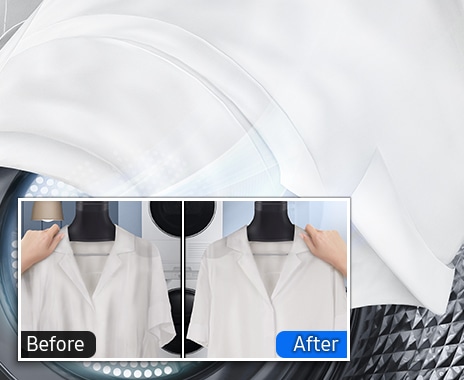 Inside the drum, air winds are causing the shirts to float. The shirt is wrinkled before the Wrinkle Prevent function, but after the function, the neat shirt can be checked without wrinkles.