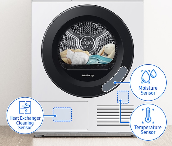 DV5000B dryer features moisture sensor, temperature sensor, heat exchanger cleaning sensor.