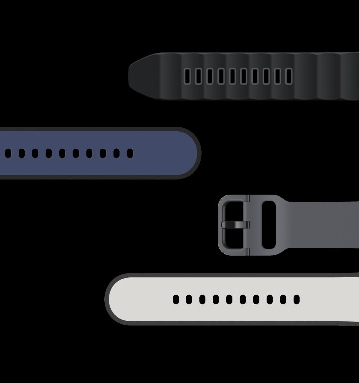 Five watch bands are flat and laid out horizontally in various colors from Black to Navy to Composite Gray to Sand Gray to Brick Red.