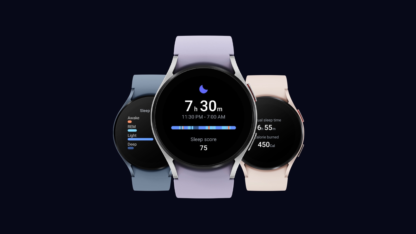 On the left is a Sapphire Galaxy Watch5 showing a sleep dashboard indicating the stages of sleep. In the middle is a Silver Galaxy Watch5 showing the sleep time and sleep score. On the right is a Pink Gold Galaxy Watch5 showing the sleep time and calories burned.