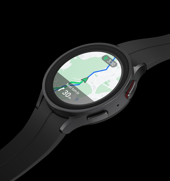 A Titanium Galaxy Watch5 Pro in black showing a map on the watch face featuring turn-by-turn navigation fun