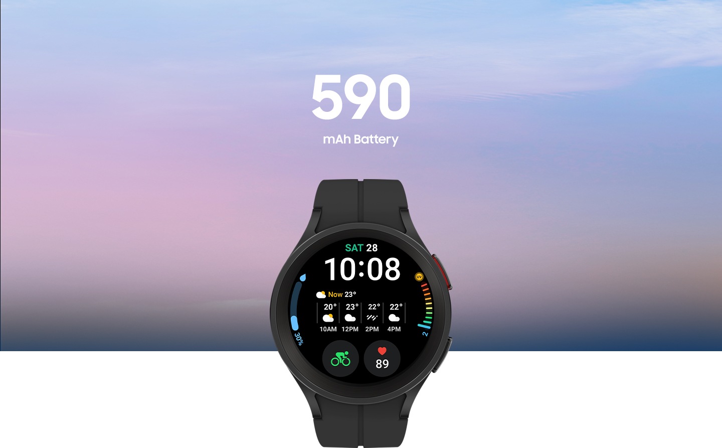 A Titanium Galaxy Watch5 Pro in black showing the time as '10:08', date as 'SAT 28', weather, and heart rate on the watch face.