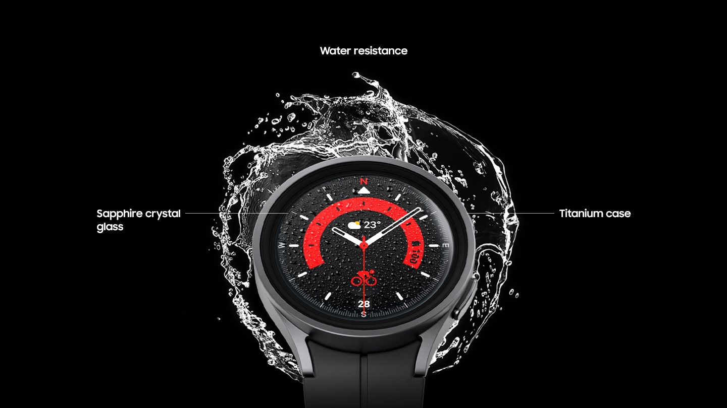 A Galaxy Watch5 Pro with a Black Titanium case is displaying a cycling function on the watch face.