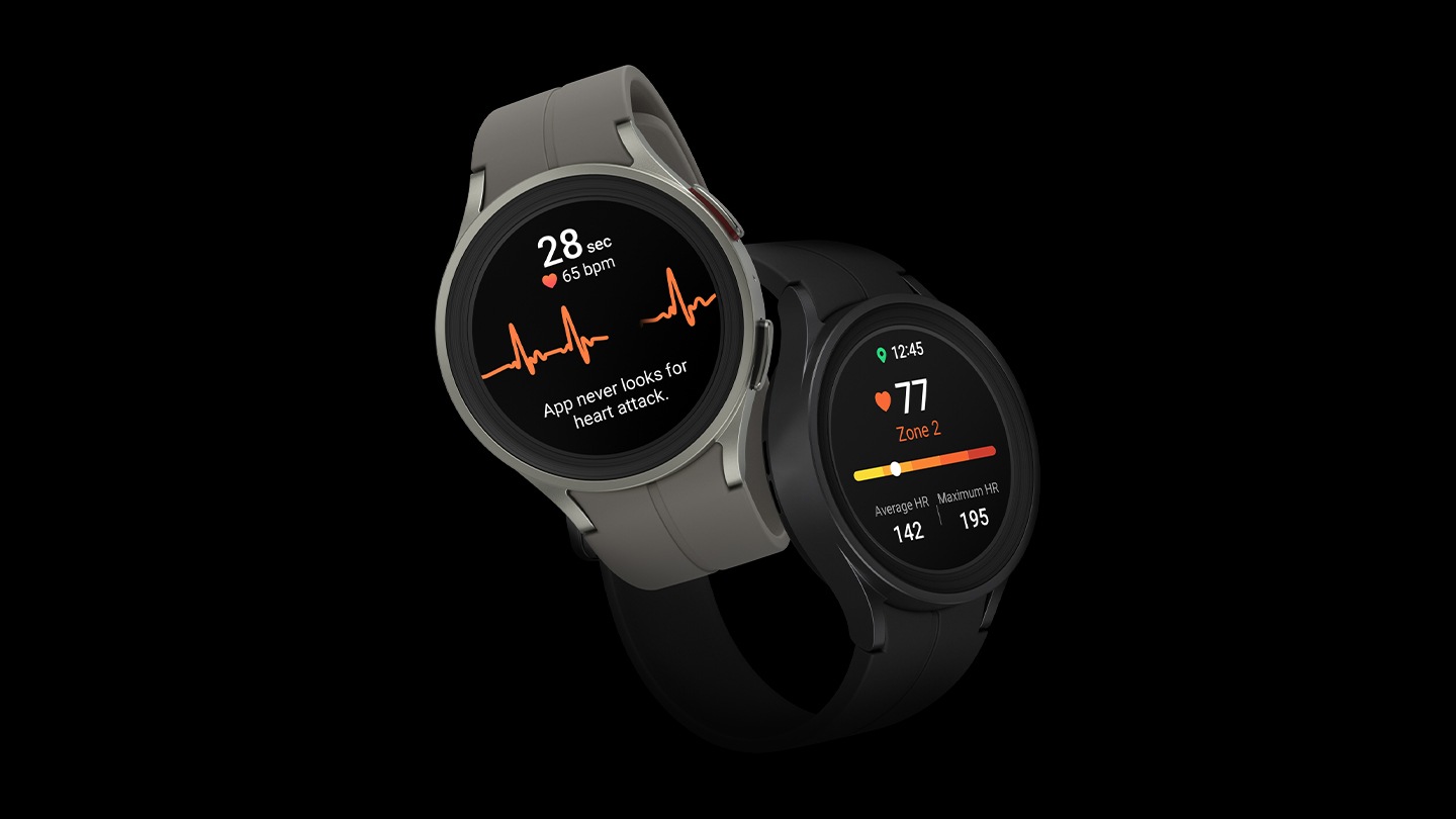 Two Galaxy Watch5 Pro interlocked with each other. Titan Watch5 Pro on the left is displaying the optical heart rate monitor on the watch face, while the Black Watch5 Pro on the right displays an electrical heart monitor on the watch face.