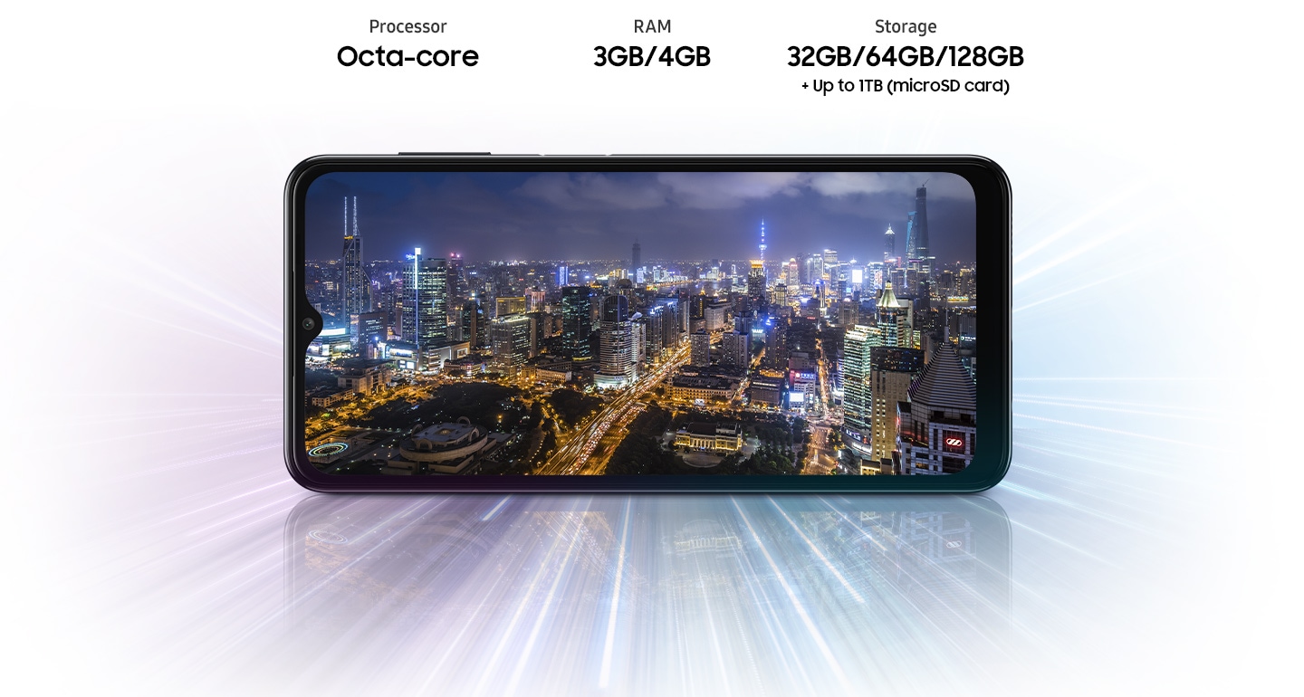 Galaxy A04s shows night city view, indicating device offers Octa-core processor, 3GB/4GB RAM, 32GB/64GB/128GB with up to 1TB-storage.