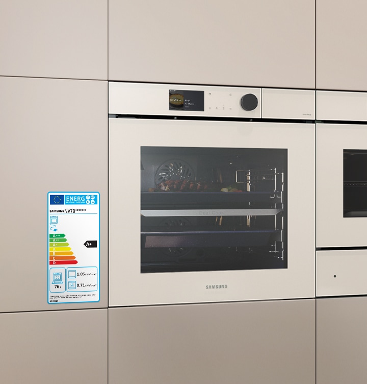 Shows the oven in the kitchen with a label highlighting its A+ energy efficiency rating. It also shows that it has a 76 liter capacity and consumes 1.05 kWh/cycle as a conventional oven and 0.71 kWh/cycle using forced air convection.