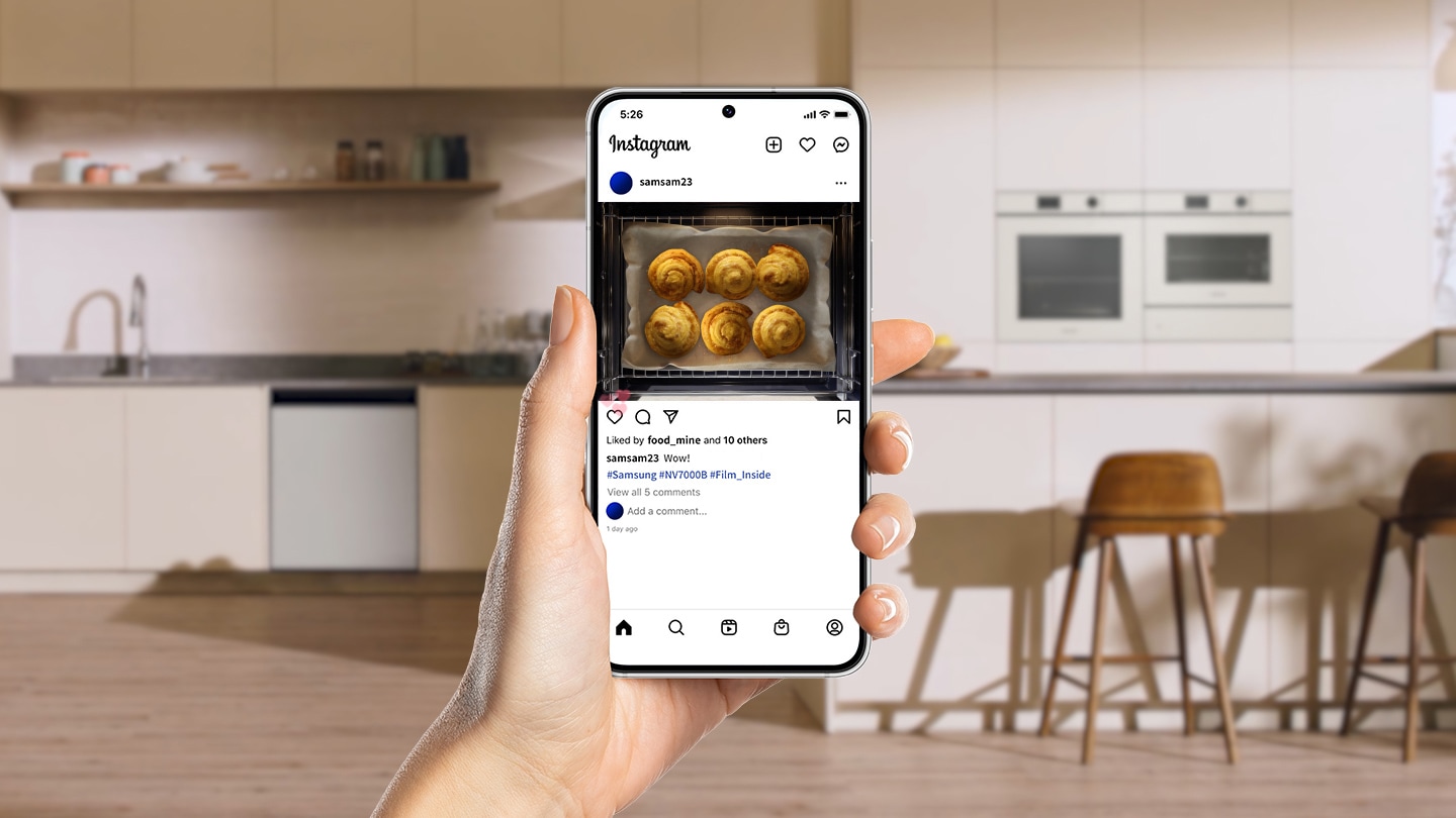 Shows a short video clip of cakes being cooked in the oven, which has been shared on the social media site Instagram.