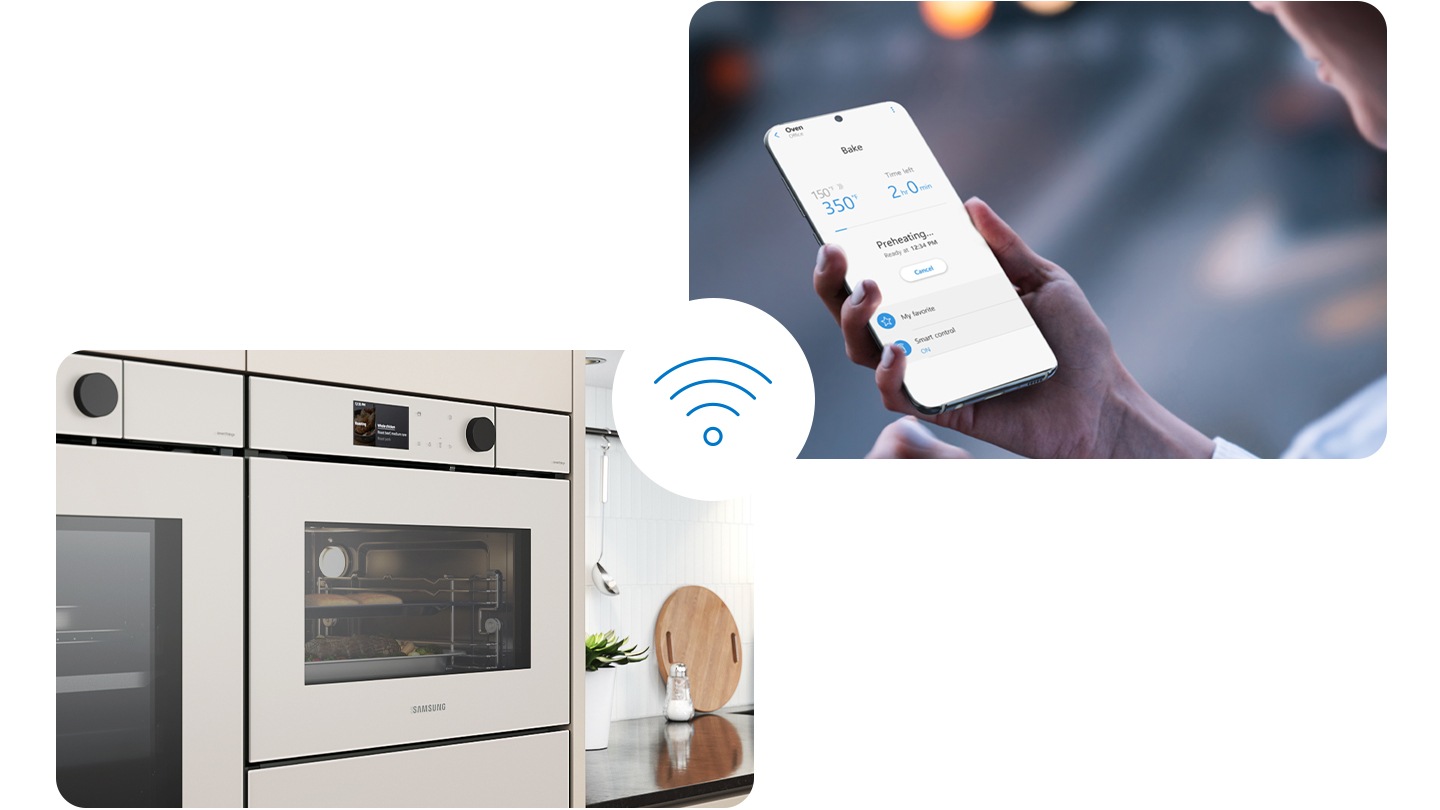Afișează o persoană care utilizează aplicația SmartThings pentru smartphone pentru a verifica și controla setările cuptorului, inclusiv temperatura cuptorului și timpul de gătit rămas, cu conectivitate Wi-Fi.